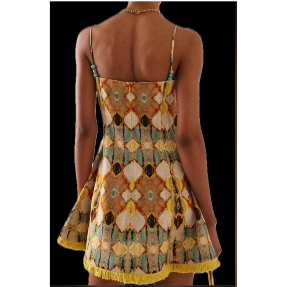 $495 CHRISTIAN LACROIX Linen Printed Mini Alexis Fringe Dress Festival Boho S - Picture 2 of 14
